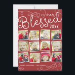 Tarjeta Festiva Blessed Year Collage Christmas Photo Card in Red<br><div class="desc">¡Este sencillo diseño de collage rojo "año de revisión" cuenta con espacio para 12 fotos favoritas! Este diseño también está disponible en otros colores en nuestra tienda Zazzle! Contáctenos si desea modificar este diseño para su número específico de fotos o si necesita este diseño aplicado a un producto específico para...</div>