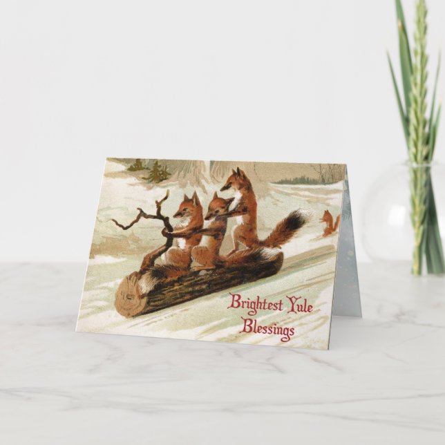 Tarjeta Festiva Blessed Yule Sledding Foxes Folded Holiday Card (Anverso)