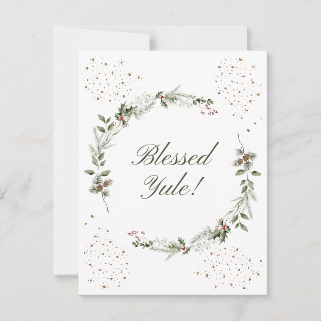 Tarjeta Festiva Blessed Yule Wreath Watercolor (Anverso)