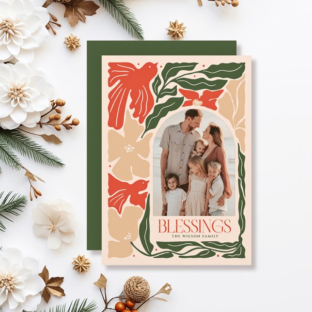 Tarjeta Festiva Blessing Red Birds Botanical 2 Photo Navidades (Subido por el creador)