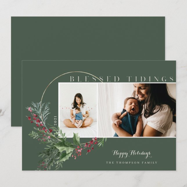 Tarjeta Festiva Blessings Watercolor Greenery Wreath Fotos (Anverso / Reverso)