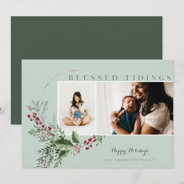 Tarjeta Festiva Blessings Watercolor Greenery Wreath Fotos (Anverso / Reverso)