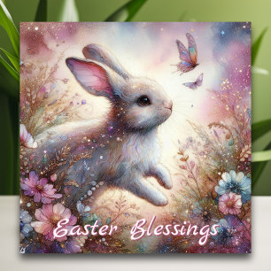 Tarjeta Festiva Blesss de Pascua Bunny acuarela Floral Rosa
