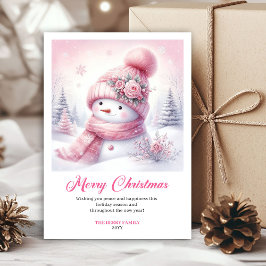 Tarjeta Festiva Blissful pink snowman kids card editable download