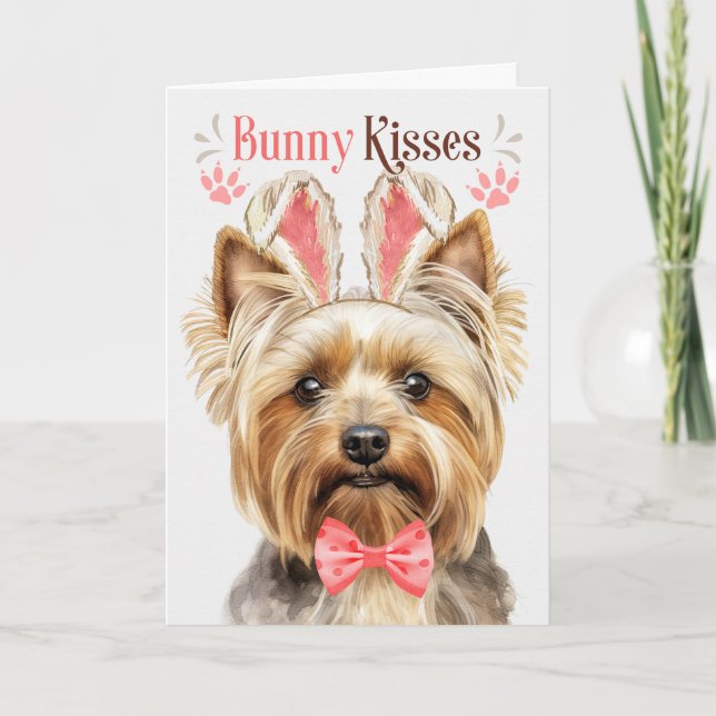 Tarjeta Festiva Blonde Yorkshire Terrier Dog Bunny Oars for Easter (Anverso)