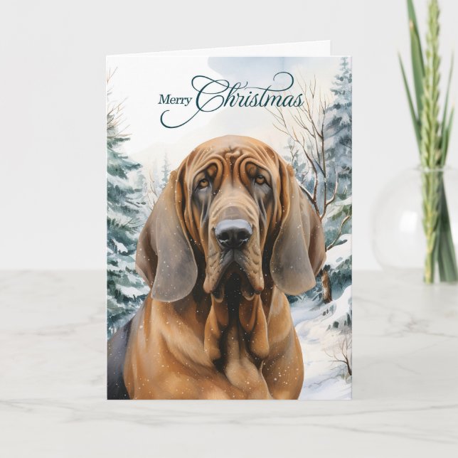 Tarjeta Festiva Bloodhound Dog Winter Woodland Forest Christmas (Anverso)
