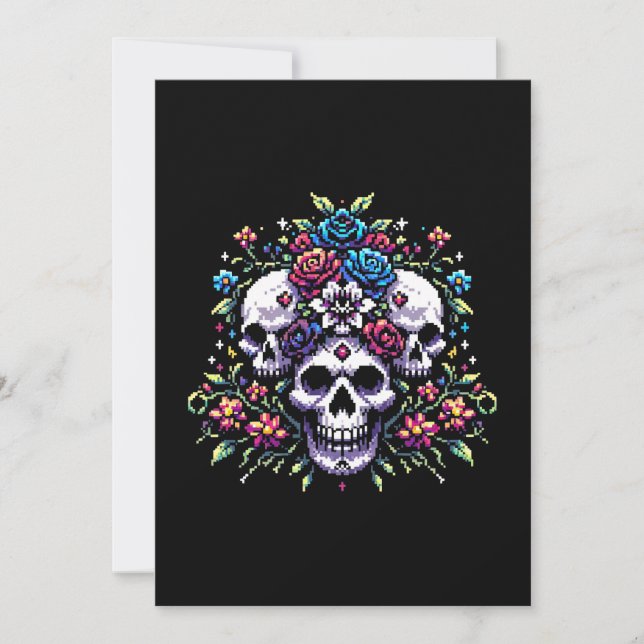 Tarjeta Festiva Bloom gótico - Mítico Skull Pixel Art (Anverso)