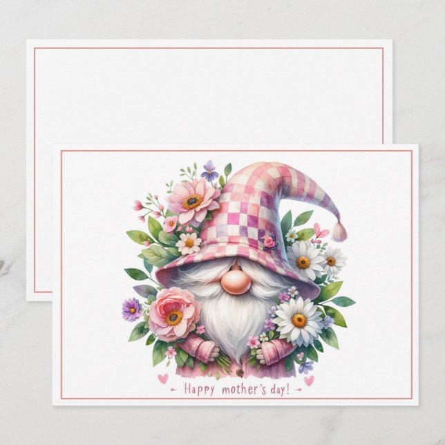 Tarjeta Festiva Blooming Love: Gnome del Día de la Madre (Anverso / Reverso)