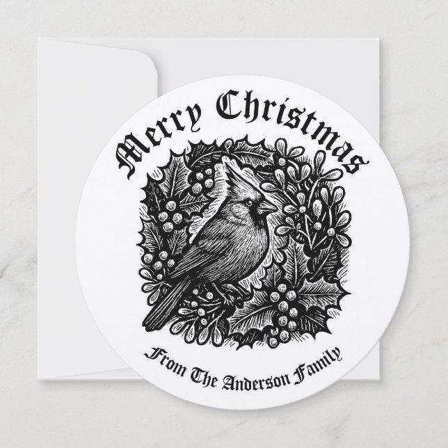 Tarjeta Festiva Bloque de madera de pájaro Wreath Holly Mistletoe (Anverso)