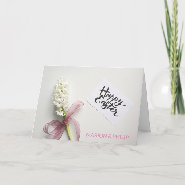 Tarjeta Festiva Blossom Blanco Y Pascua Feliz De Cinta Rosa (Anverso)