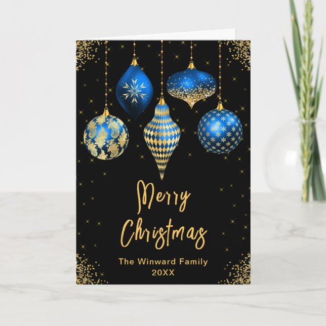 Tarjeta Festiva Blue and Gold Ornaments Merry Christmas (Anverso)