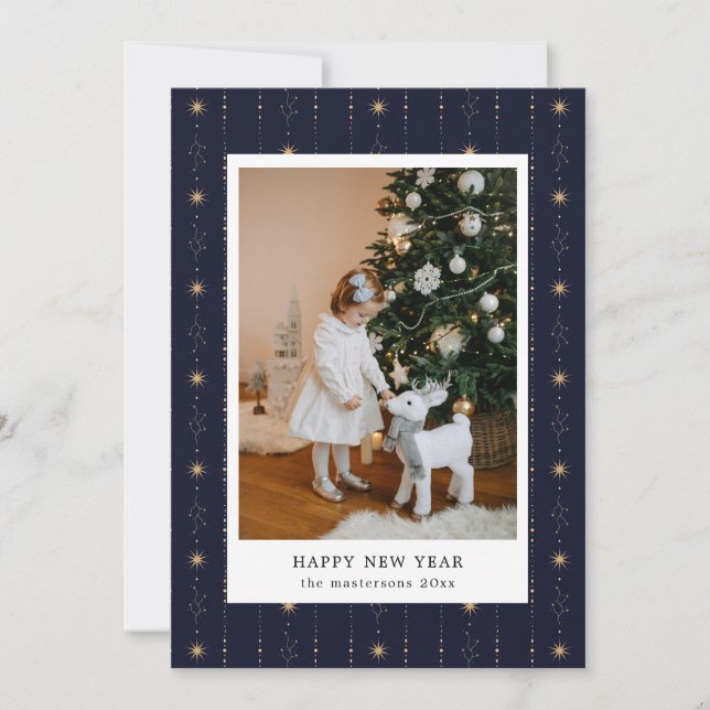 Tarjeta Festiva Blue And Gold Stars Wallpaper Photo Holiday Card (Anverso)