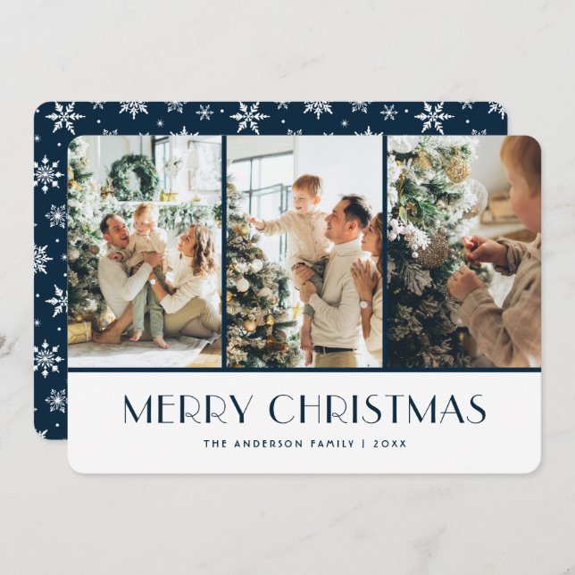 Tarjeta Festiva Blue  and White Snowflakes Photo Christmas Card (Anverso / Reverso)