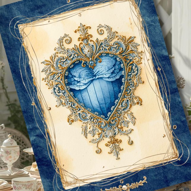 Tarjeta Festiva Blue Baroque Heart with Gilded Ornamental Frame (Subido por el creador)