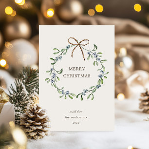Tarjeta Festiva Blue Berries Elegant Wreath Merry Christmas Card