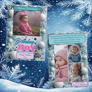 Tarjeta Festiva Blue Birthday Boy White Christmas Snowflakes Photo