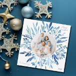 Tarjeta Festiva Blue Botanical Hanukkah Family Photo Square<br><div class="desc">Beautiful blue watercolor botanical leaves spring out of your vertical Jewish family photograph for a Happy Hanukkah. Personalize this elegant Chanukah square photo card with a 2nd horizontal picture on the back.</div>