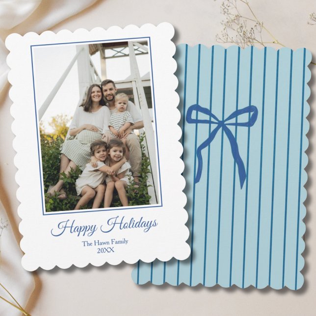 Tarjeta Festiva Blue Bow Happy Holidays Preppy One Photo (Subido por el creador)