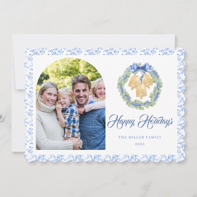 Tarjeta Festiva Blue Bow Watercolor Wreath Grandmillenial (Anverso)
