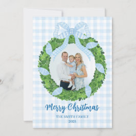 Tarjeta Festiva Blue Bow Wreath Christmas Photo Holiday Card