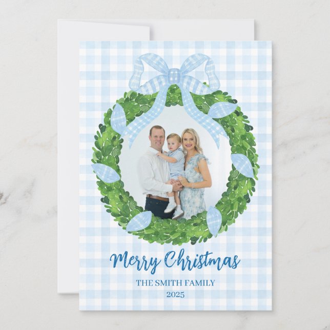 Tarjeta Festiva Blue Bow Wreath Christmas Photo Holiday Card (Anverso)