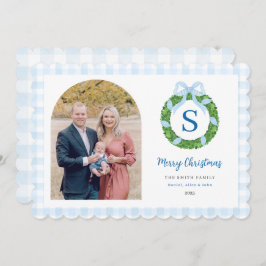 Tarjeta Festiva Blue Bow Wreath Christmas Photo Holiday Card