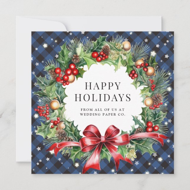 Tarjeta Festiva Blue Buffalo Plaid Holly Berries Stars Business (Anverso)