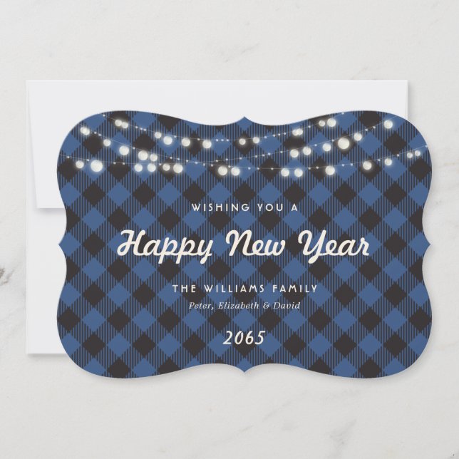 Tarjeta Festiva Blue Buffalo Plaid String Lights New Year Card (Anverso)