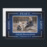 Tarjeta Festiva Blue Chalkboard Hope Peace Love Navidades Foto<br><div class="desc">Esta tarjeta de felicitación de los Navidades incluye texto de Hope Peace Love. Personalice esta tarjeta agregando su propia foto y nombre. Este diseño forma parte de una colección que incluye otros elementos coincidentes. Por favor visite la página de la colección en nuestra tienda para ver el rango completo.</div>