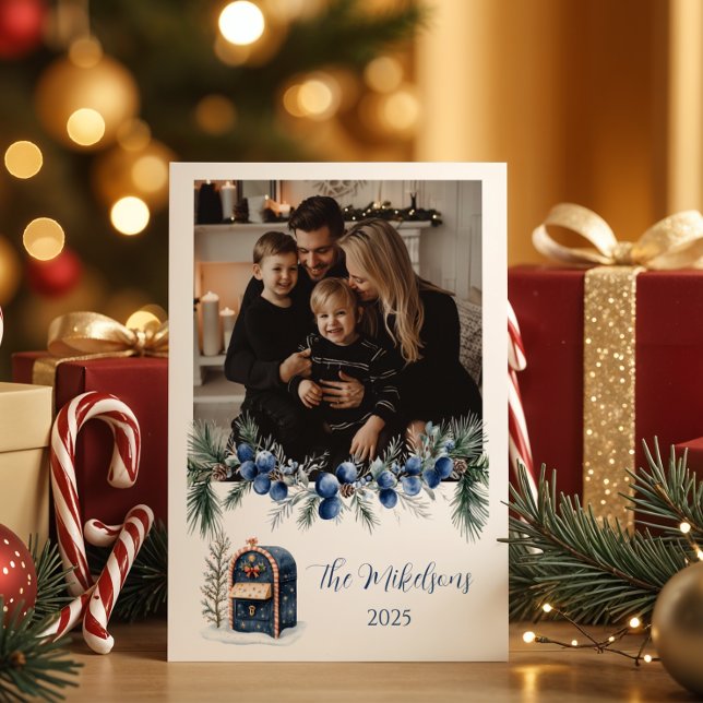 Tarjeta Festiva Blue Chinoiserie Christmas Photo (Subido por el creador)