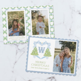 Tarjeta Festiva Blue Chinoiserie Escudo Monograma de árbol de Navi