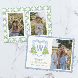 Tarjeta Festiva Blue Chinoiserie Escudo Monograma de árbol de Navi