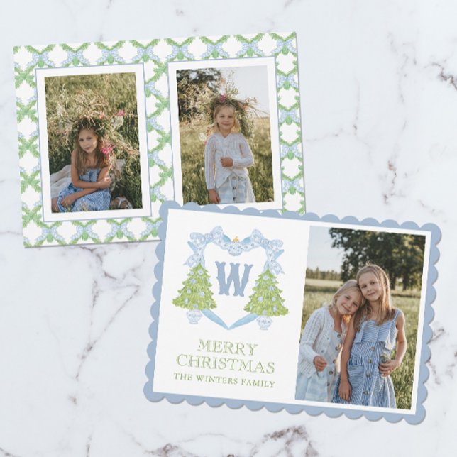 Tarjeta Festiva Blue Chinoiserie Escudo Monograma de árbol de Navi (Subido por el creador)