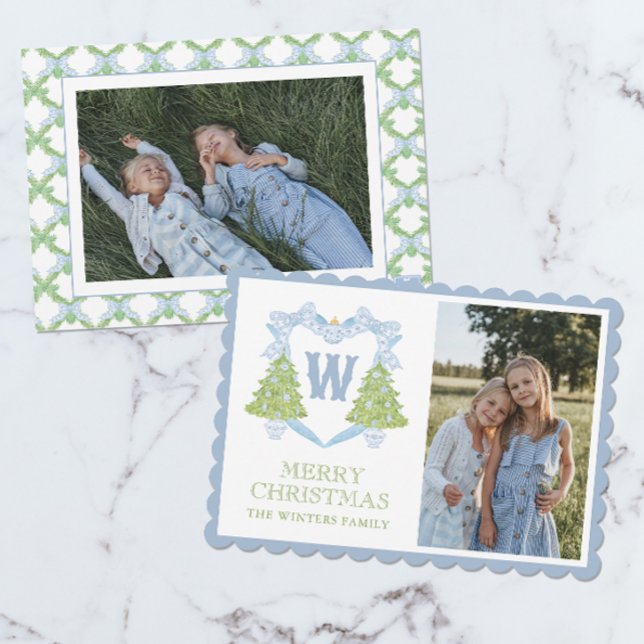 Tarjeta Festiva Blue Chinoiserie Escudo Monograma de árbol de Navi (Subido por el creador)