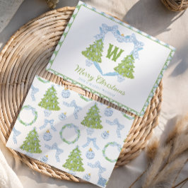 Tarjeta Festiva Blue Chinoiserie Escudo Monograma de árbol de Navi