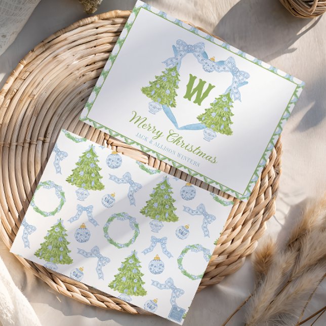 Tarjeta Festiva Blue Chinoiserie Escudo Monograma de árbol de Navi (Subido por el creador)