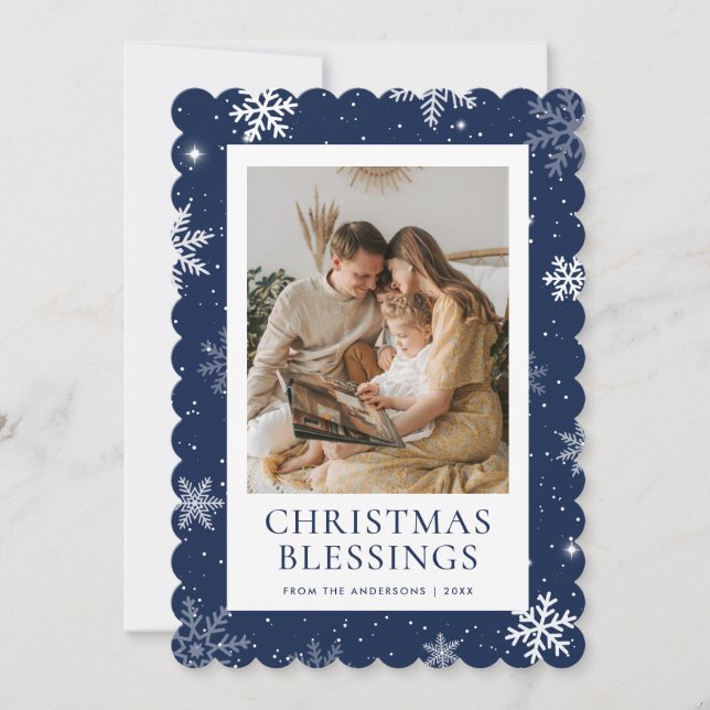 Tarjeta Festiva Blue Christmas Blessings Snowflake Photo (Anverso)