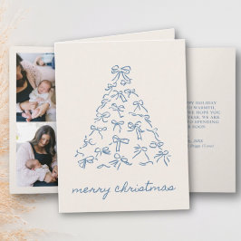 Tarjeta Festiva Blue Christmas Doodle Bow 4 Photo plegado