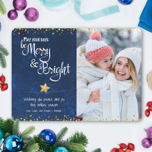Tarjeta Festiva Blue Days Be Merry Bright Gold Purpurina Star Phot