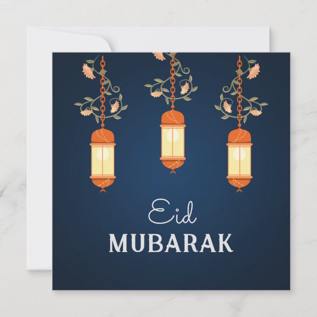 Tarjeta Festiva Blue Eid Mubarak Floral Lantern Islamic (Anverso)