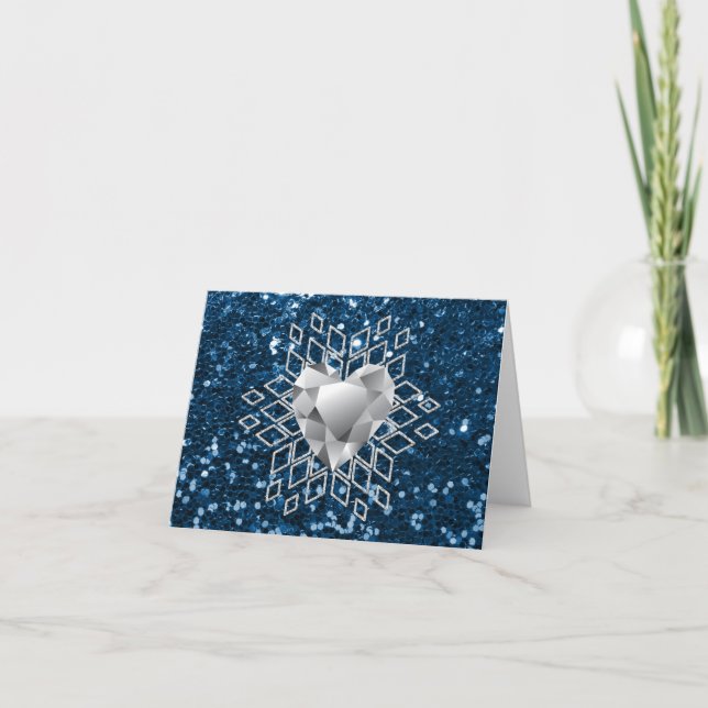 Tarjeta Festiva Blue Faux Purpurina Diamond Heart Snowflake (Anverso)