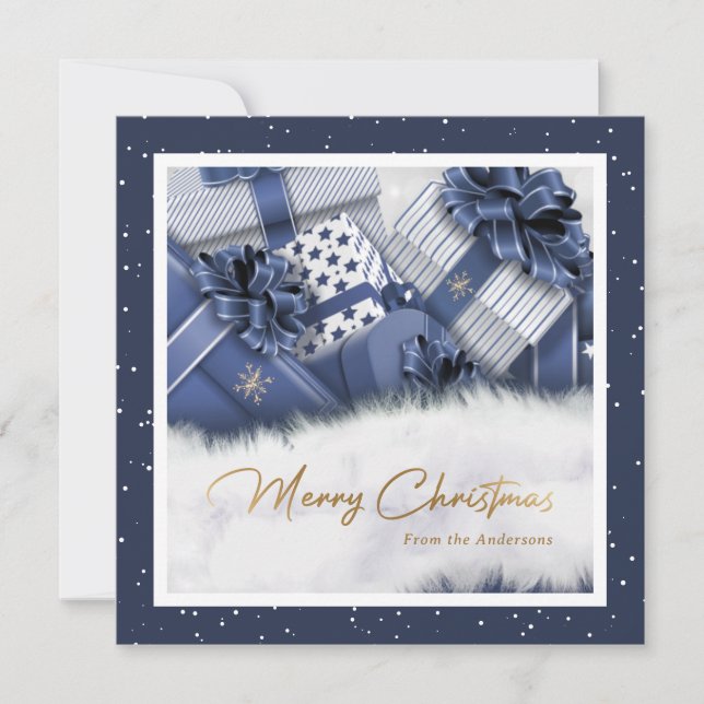 Tarjeta Festiva Blue Faux Relieve metalizado dorado Nieve Regalos  (Anverso)