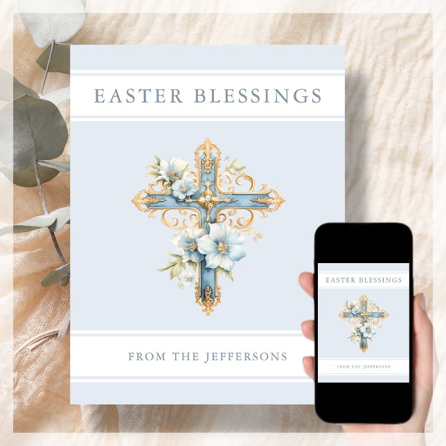 Tarjeta Festiva Blue Floral Cross Religious Easter Blessings (Subido por el creador)