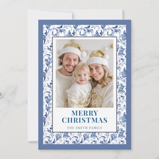 Tarjeta Festiva Blue Floral Toile Christmas Photo Holiday Card (Anverso)