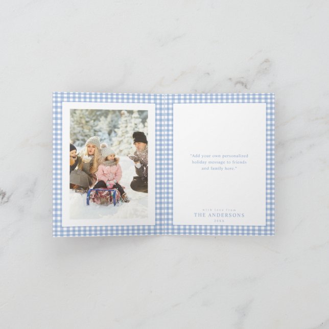 Tarjeta Festiva Blue Gingham Christmas Photo (Interior)