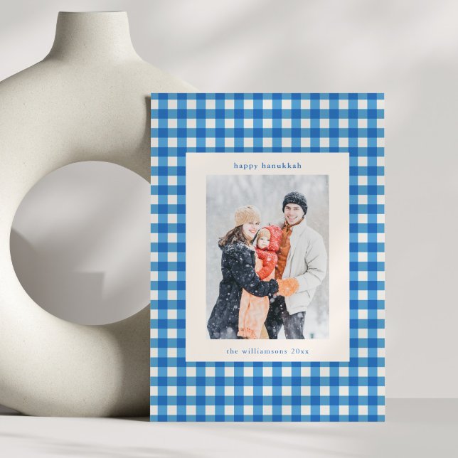 Tarjeta Festiva Blue Gingham Plaid Hanukkah Photo Custom Message (Subido por el creador)