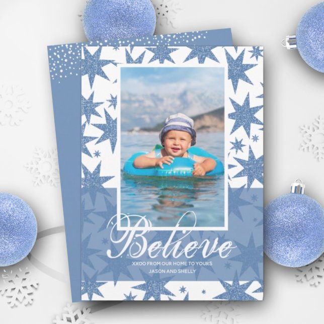 Tarjeta Festiva Blue Glitter Stars Christmas Photo (Subido por el creador)
