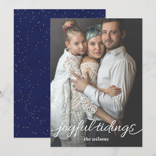 Tarjeta Festiva Blue Gold Alegres Noticias Script Foto Personaliza (Anverso / Reverso)