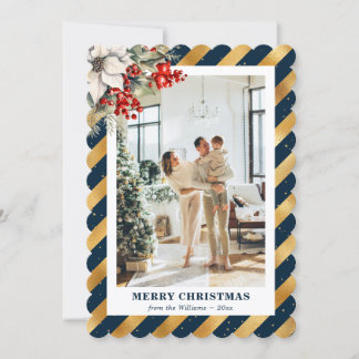 Tarjeta Festiva Blue Gold Botanical Modern Photo Christmas Card