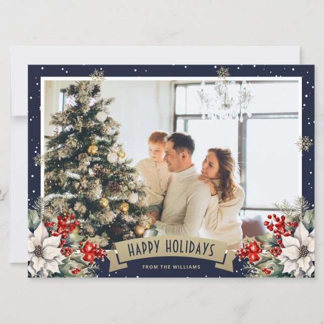 Tarjeta Festiva Blue Gold Botanical Snowflake Photo Holiday (Anverso)